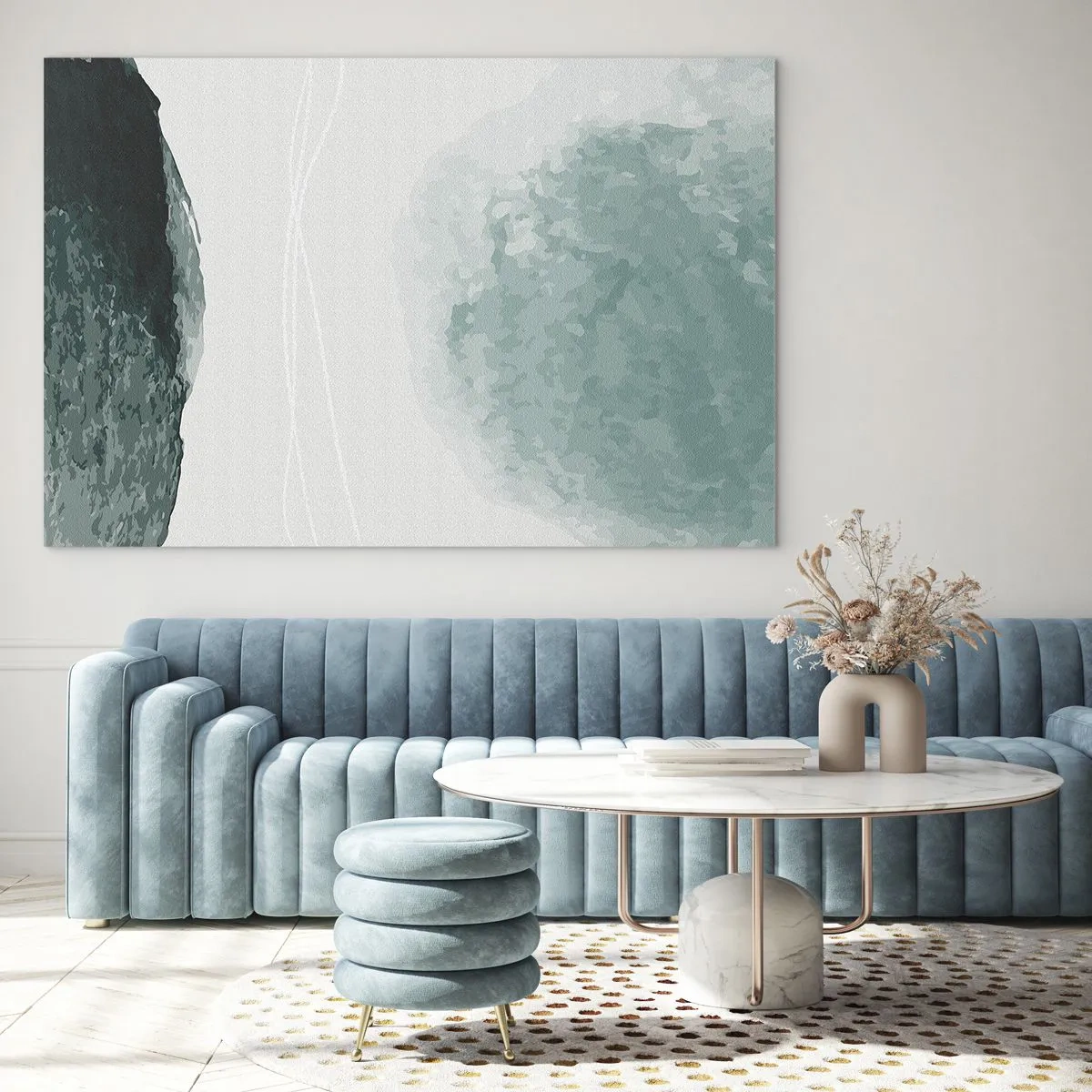 Tablou pe sticlă - Forme abstracte verzi pe un fundal deschis care seamănă cu ceața - 70x50cm - Întâlnire cu ceața - Decorațiune modernă pentru perete pentru living și dormitor ARTTOR