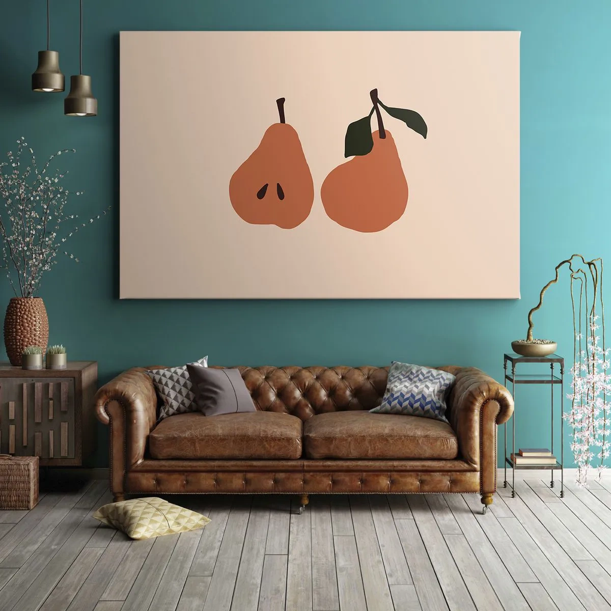 Tablou pe pânză Canvas - O ilustrație minimalistă a două pere pe un fundal bej. - 70x50cm - Dulceața în sine - Decorațiune modernă pentru perete pentru living și dormitor ARTTOR