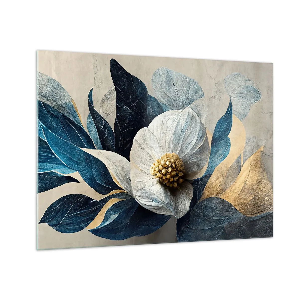Tablou pe sticlă - Un aranjament floral alb cu frunze bleumarin și centru auriu - 70x50cm - Are o inimă de aur - Decorațiune modernă pentru perete pentru living și dormitor ARTTOR