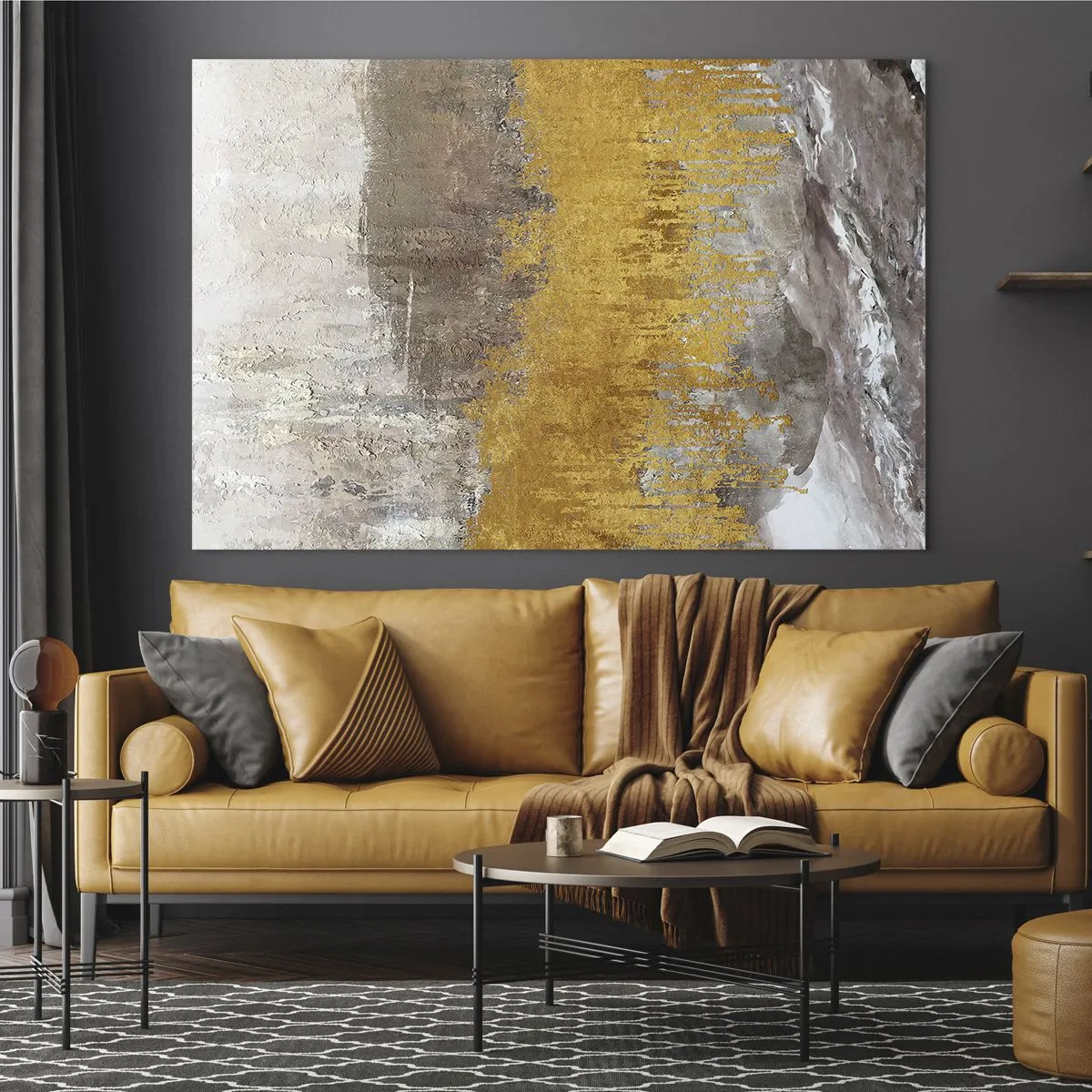 Tablou pe sticlă - Structurile aurii și pământii creează o abstracție dinamică - 70x50cm - O suflare de aur - Decorațiune modernă pentru perete pentru living și dormitor ARTTOR