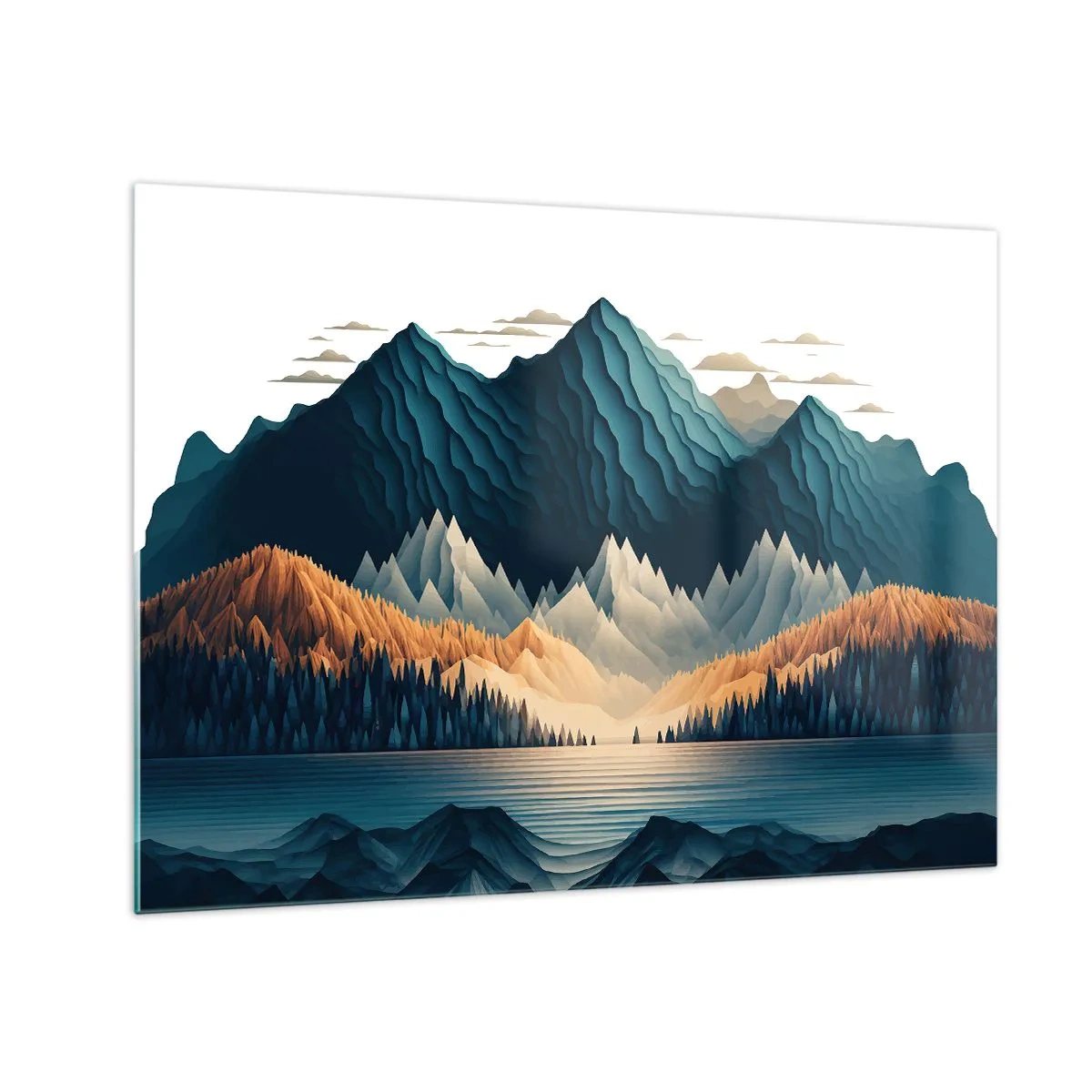Tablou pe sticlă - Peisaj montan stilizat cu o pădure și un lac - 70x50cm - Peisaj montan perfect - Decorațiune modernă pentru perete pentru living și dormitor ARTTOR