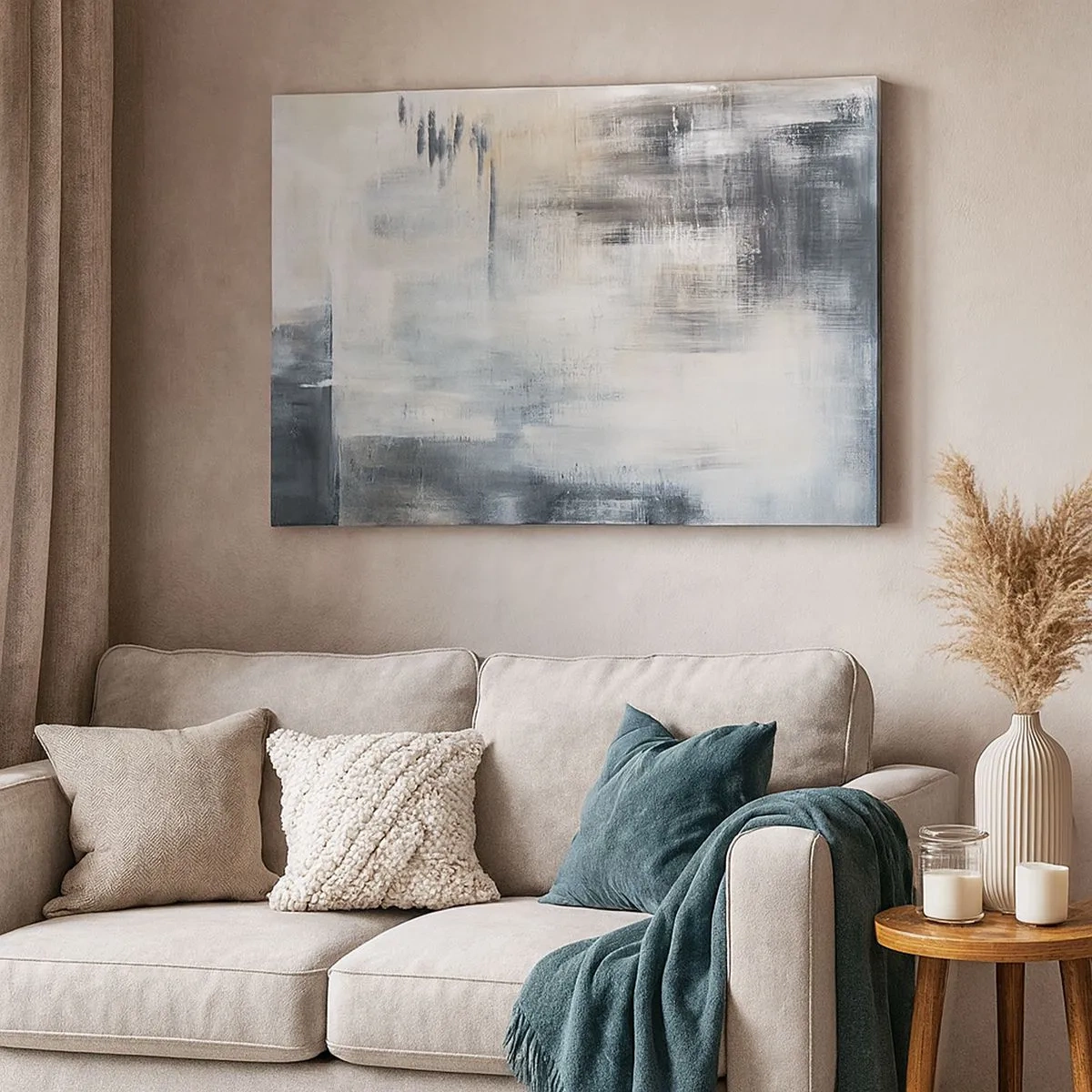 Tablou pe pânză Canvas - Compoziție abstractă în nuanțe de albastru și gri - 70x50cm - În spatele unui voal albastru - Decorațiune modernă pentru perete pentru living și dormitor ARTTOR