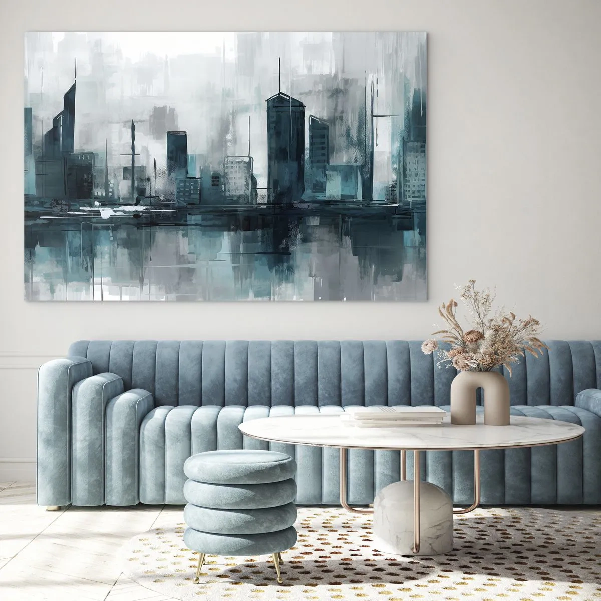 Tablou pe sticlă - Un oraș modern în nuanțe de albastru și gri - 70x50cm - Un oraș de culoarea ploii - Decorațiune modernă pentru perete pentru living și dormitor ARTTOR