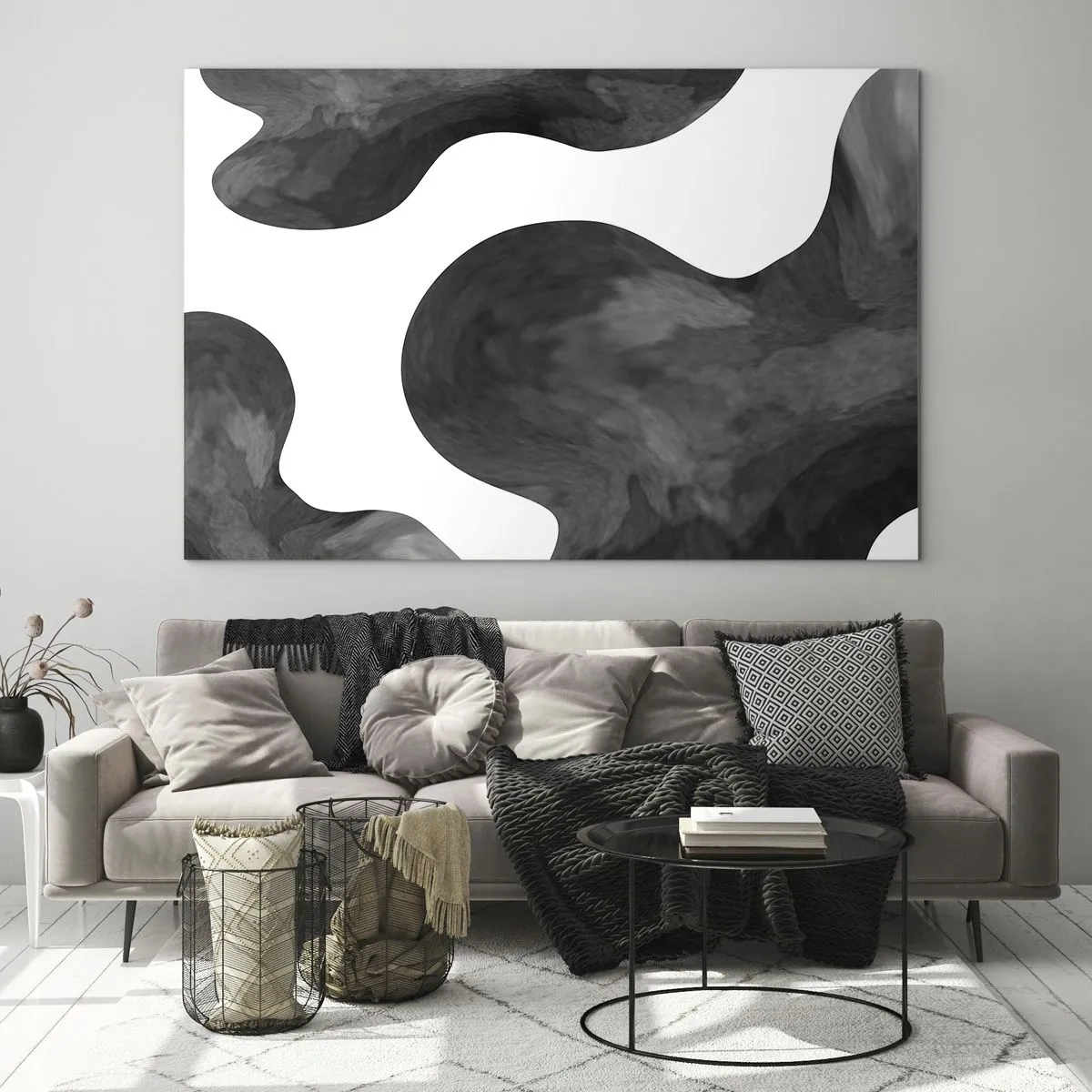 Tablou pe sticlă - Forme abstracte în tonuri de alb și negru - 70x50cm - Calea Lactee - Decorațiune modernă pentru perete pentru living și dormitor ARTTOR