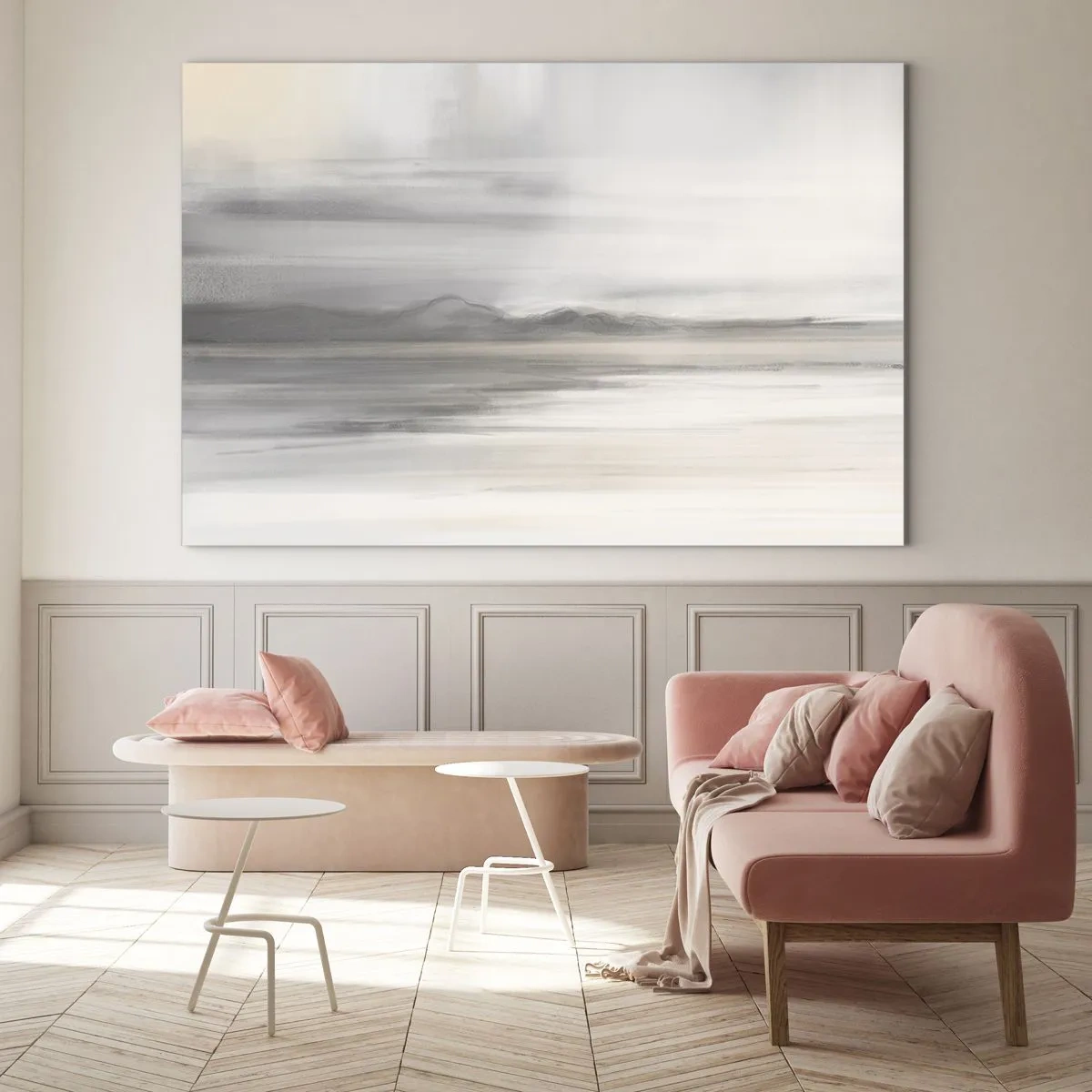 Tablou pe sticlă - O panoramă montană delicată, neclară, în tonuri pastelate de gri - 70x50cm - Gândul îndepărtat - Decorațiune modernă pentru perete pentru living și dormitor ARTTOR