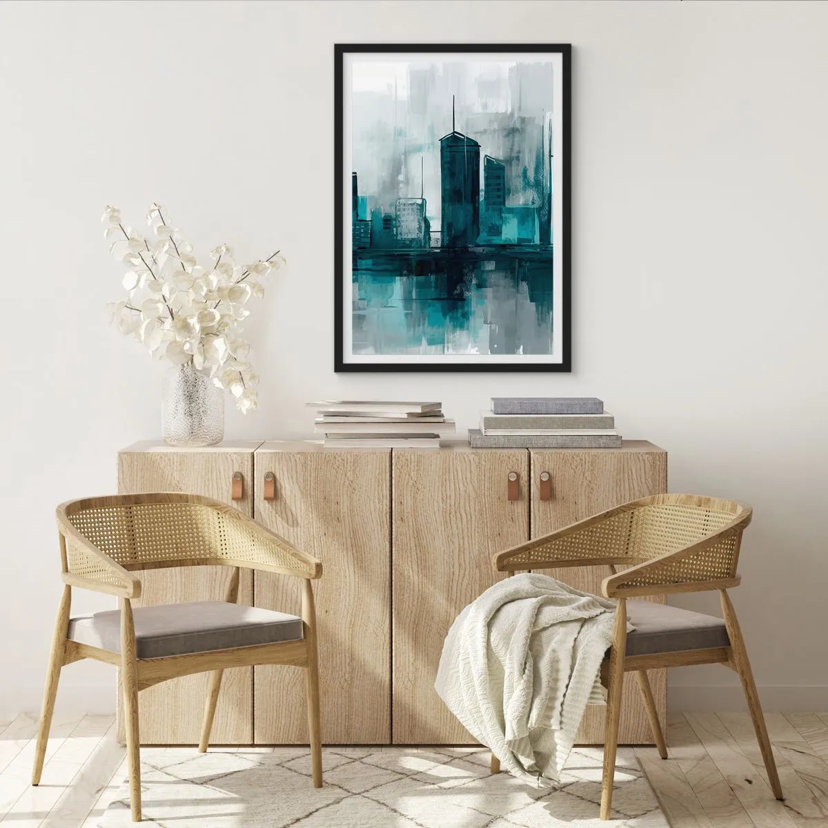 Poster în ramă neagră - O panoramă a orașului modern în nuanțe de albastru - 50x70cm - Un oraș de culoarea ploii - Decorațiune modernă pentru perete pentru living și dormitor ARTTOR