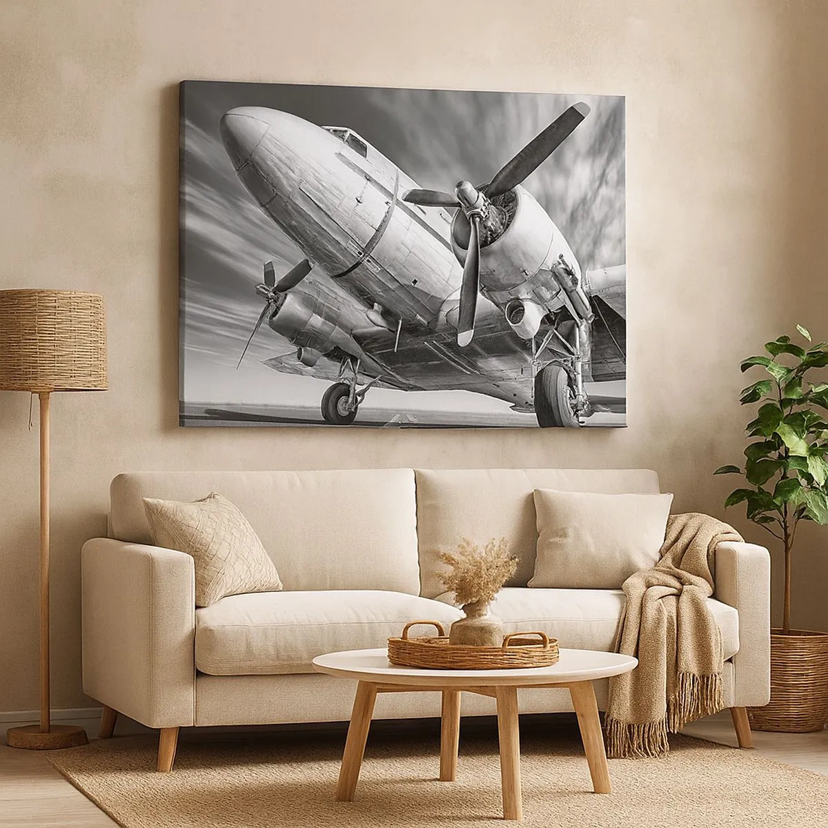 Tablou pe pânză Canvas - O imagine alb-negru a unui avion clasic cu detalii structurale vizibile. - 70x50cm - Întotdeauna gata de zbor - Decorațiune modernă pentru perete pentru living și dormitor ARTTOR