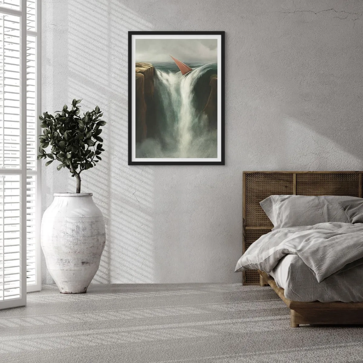 Poster în ramă neagră - O barcă cu pânze cade peste o cascadă într-un peisaj suprarealist. - 50x70cm - Precauțiile vieții - Decorațiune modernă pentru perete pentru living și dormitor ARTTOR