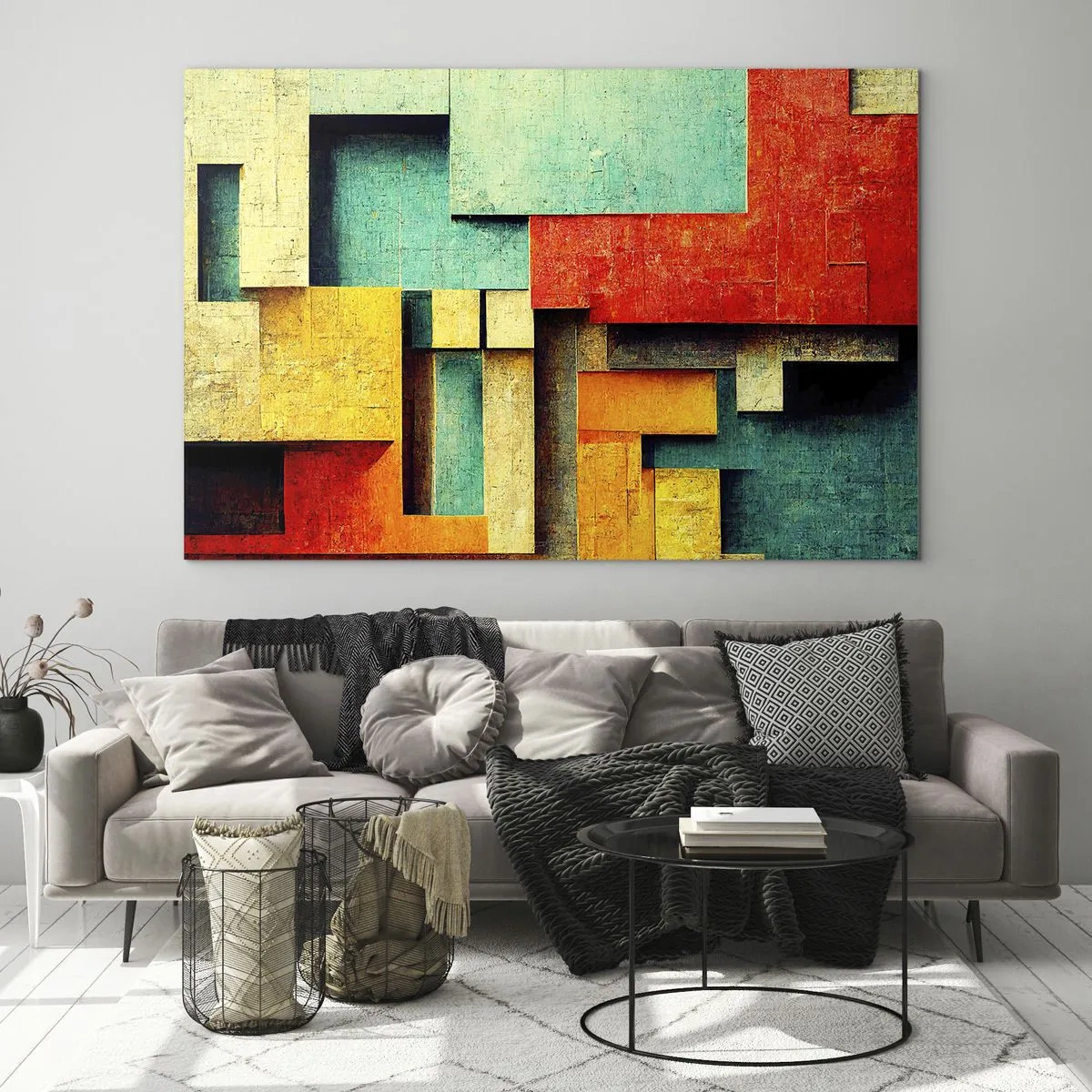 Tablou pe sticlă - Abstracție geometrică colorată realizată din dreptunghiuri - 70x50cm - Festival de unghiuri drepte - Decorațiune modernă pentru perete pentru living și dormitor ARTTOR