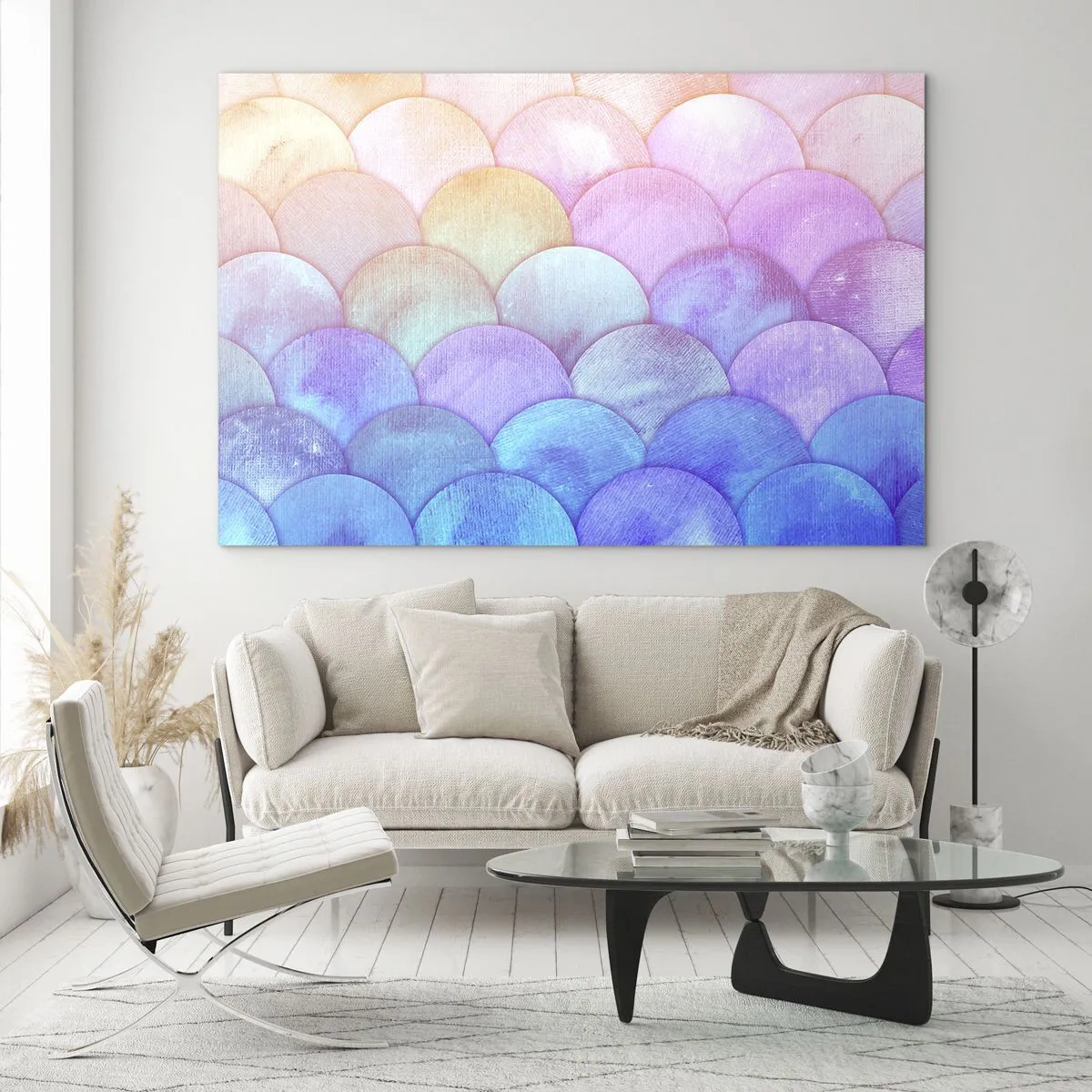 Tablou pe sticlă - Solzi de perle în nuanțe pastelate de roz, albastru și violet - 70x50cm - Coajă de perlă - Decorațiune modernă pentru perete pentru living și dormitor ARTTOR